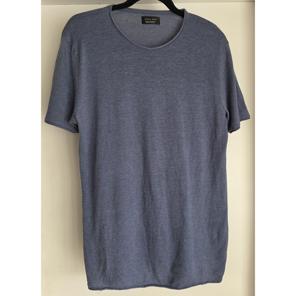 Zara Man Blue Cotton Blend T-Shirt Size M Casual Crew Neck Made in Portugal